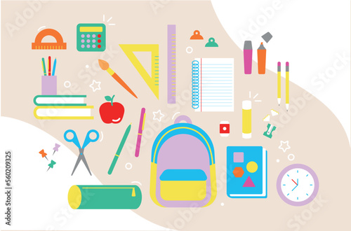 Back to School - vuelta a clases materiales para estudiar en el colegio lapiz mochila bolso cuaderno plumon manzana libros calculadora tijeras