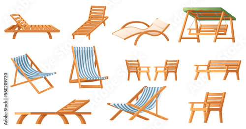 Set of wooden chaise lounge summer beach furniture vector illustration isolated on white background