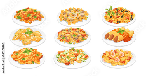 Set of Ready for eat dish italian pasta vector illustration on white background