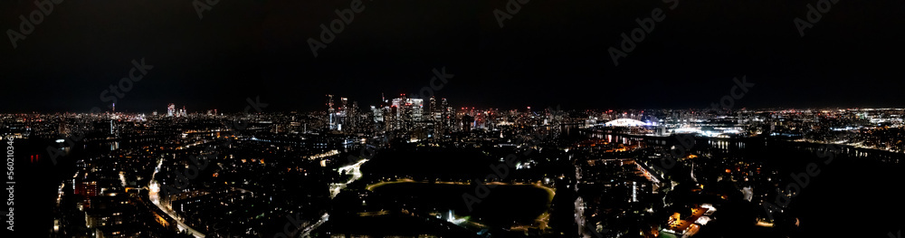 Obraz premium London business district panorama, Canary Wharf cityscape at night, glittering residential towers, skyscrapers, and modern buildings rising on the skyline, aerial view.