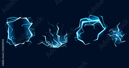 Set of Blue lightning hit effect cartoon style design vector illustration on dark blue background
