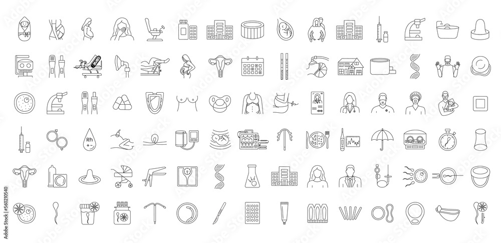Gynecology linear icons set includes infertility and pregnancy, contraception and childbirth, illustration of barrier and hormonal methods of contraception, childbirth and in vitro fertilization. Gynecology linear icons set includes infertility and pregnancy, contraception and childbirth, illustration of barrier and hormonal methods of contraception, childbirth and in vitro fertilization.