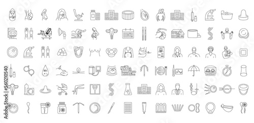Gynecology linear icons set includes infertility and pregnancy, contraception and childbirth, illustration of barrier and hormonal methods of contraception, childbirth and in vitro fertilization. photo