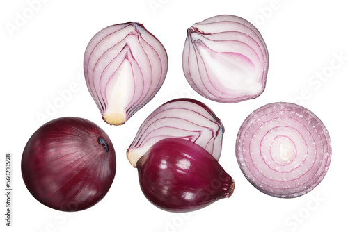 Red onion, whole and halved bulbs, top view isolated png