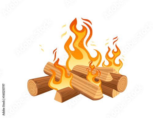 Bonfire with burning wood and flame vector illustration isolated on white background