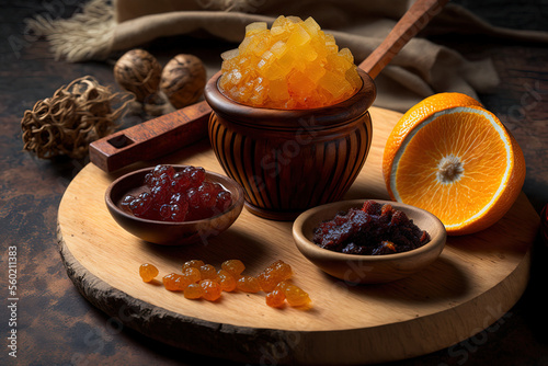 marmalade and dried fruits in a little wooden dish on a marble backdrop. superb photograph. Generative AI