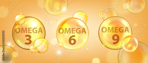 Omega 3 3D molecule bubble background, vitamin medical nutrient tablet gel, vector fish oil cell. Gold transparent sphere, health beauty care medicine advertisement. Omega 6 and 9 molecule clipart