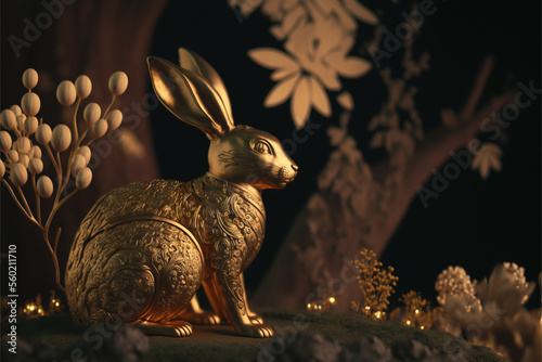 Happy chinese new year of the gold rabbit zodiac sign made of gornate vitage gold on blurred Background. generative ai.