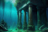 On the seafloor, there are old temple remains with corroded columns. Generative AI