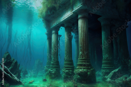 On the seafloor  there are old temple remains with corroded columns. Generative AI