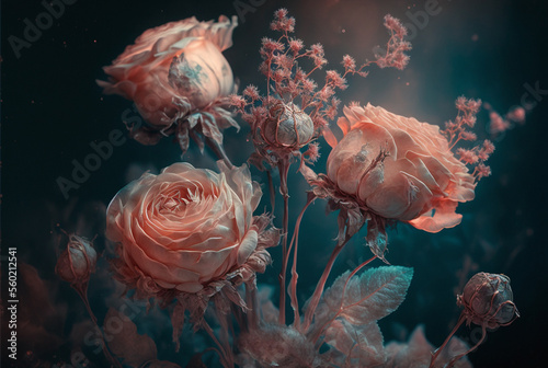 Vintage fantasy classic valentine's day pale red Rose flower on background blurry pink roses flower in the garden of roses. Nature snow.generative ai. © Nokhoog
