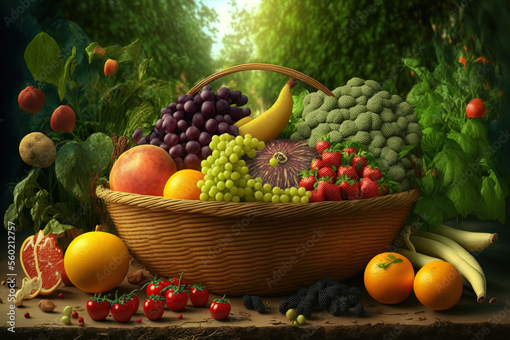 Fresh organic fruits and veggies in plenty in the garden. a healthy diet. Generative AI Fresh organic fruits and veggies in plenty in the garden. a healthy diet. Generative AI