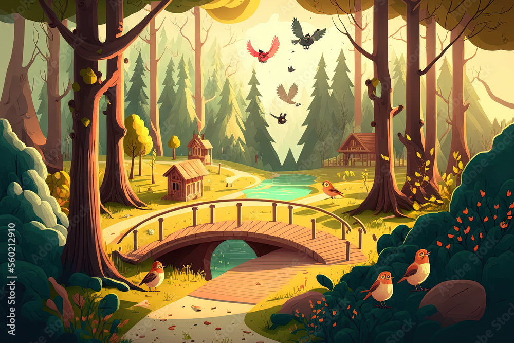 For kids, a cartoon nature scene near a forest with a walkway and animals. Generative AI