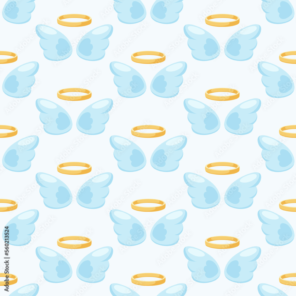 Pattern with cartoon angel wings and a halo for kids on a white background Pattern with cartoon angel wings and a halo for kids on a white background