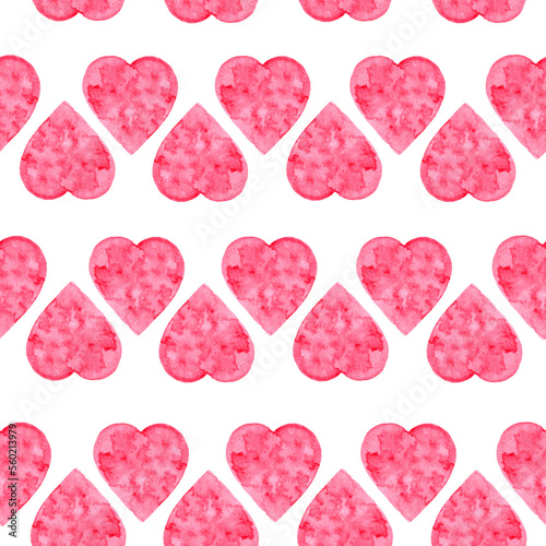 Seamless watercolor pattern of borders of pink hearts isolated on a white background. Texture of brush strokes with pink paint