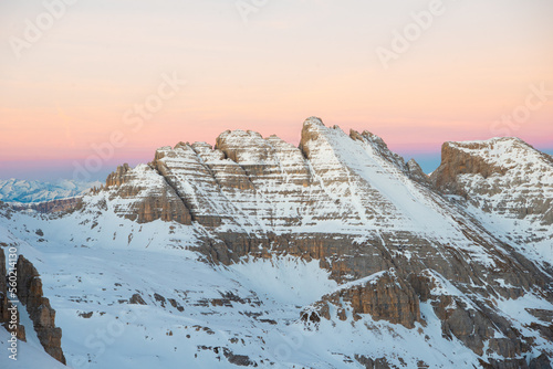 sunrise in the snow dolomites