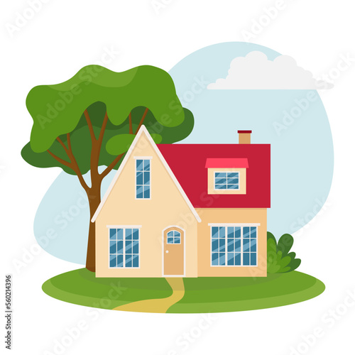 A house with a red roof on a green lawn with a yellow path.Rustic cottage in the suburbs, tree and bushes. Vector illustration in flat style.