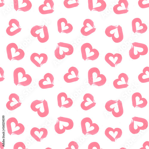 Seamless watercolor pattern of brush strokes in the shape of pink hearts isolated on a white background. The texture of the brush with pink paint