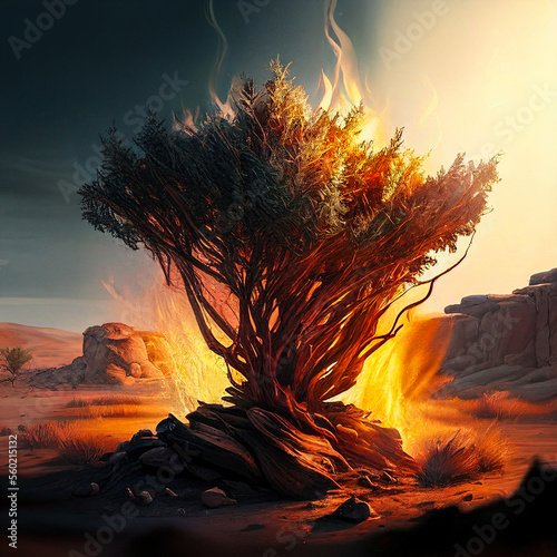 Dramatic rendering of burning bush in the wilderness. photo