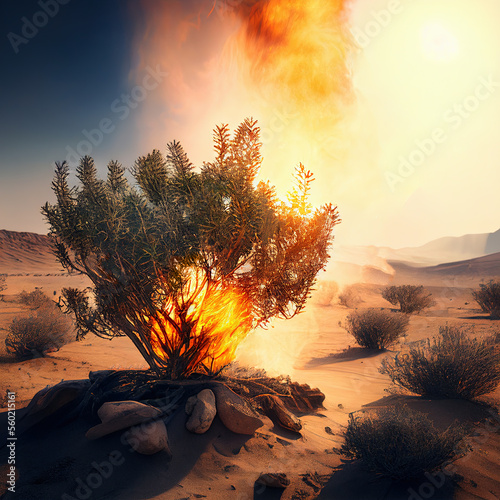 Dramatic rendering of burning bush in the wilderness. photo