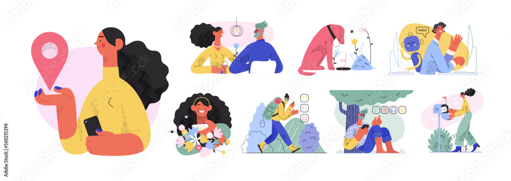 Fototapeta premium Online shopping and electronic commerce illustrations set - modern flat vector concept illustration of people and objects on online shopping. Promotion, discounts, sale and online orders concept