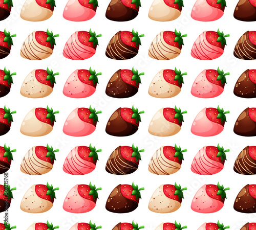 Pattern with cartoon strawberries in dark, white and pink chocolate on white background