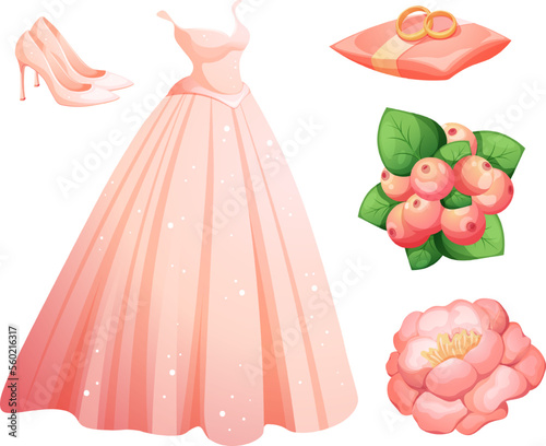 Wedding set, bride's items. Wedding dress, shoes, pillow with wedding rings, bridal bouquet, peony