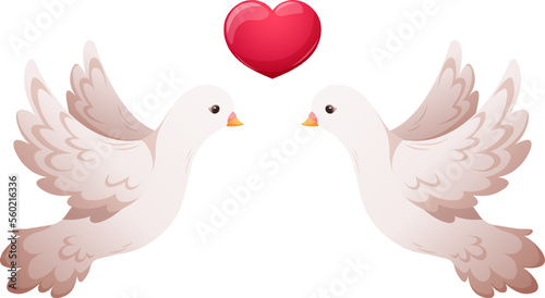 White wedding pigeons with heart cartoon isolated