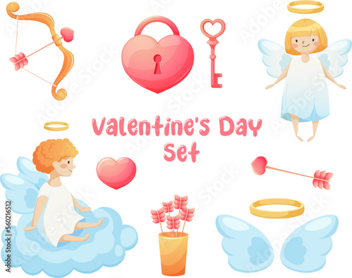 Valentine s Day set with cartoon angels  Cupid s bow and arrow  lock and key