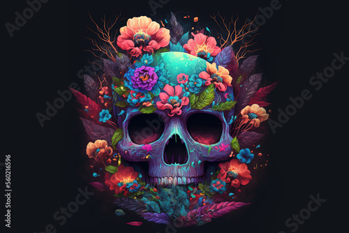 Fantasy skull with flowers. Mexican sugar skull. Scary human head on dark background. Generative AI