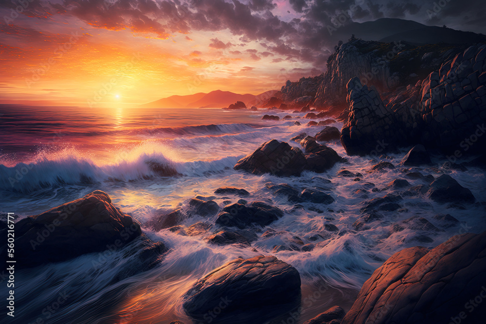 Stunning views of the water and rocky coastline at sunset. Generative AI