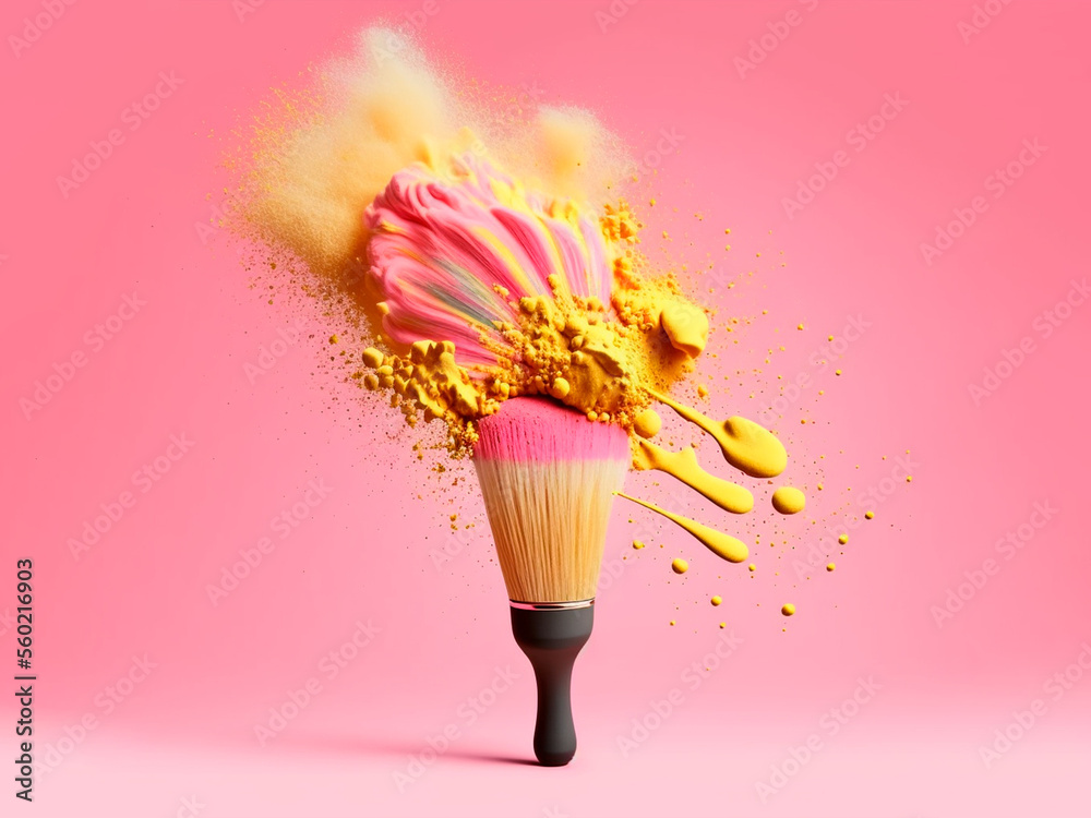AI generated, makeup brush with colorful powders, makeup with bright yellow and pink colors