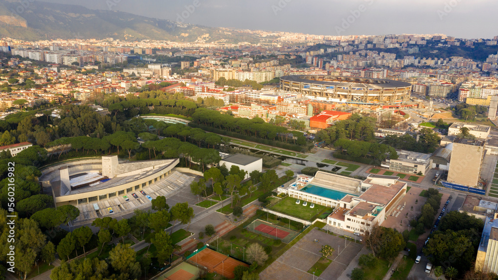 Aerial view of Stadio Diego Armando Maradona, formerly Stadio San Paolo, and the fountain of the Esedra, the largest fountain in Naples, Italy. They are located in the Fuorigrotta district.