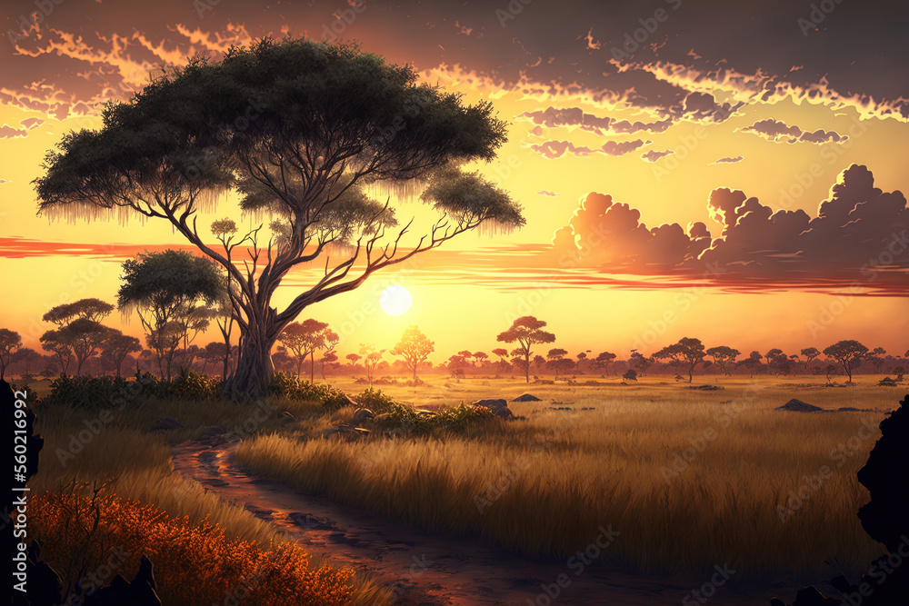 At sunset, a savannah with trees and lush grass. Generative AI