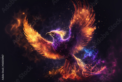 Illustration of a celestial phoenix in fire. Symbol of rebirth. Fenix with burning wings and feathers. Generative AI photo