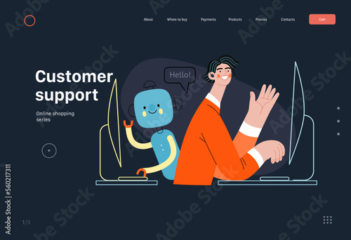 Customer support -Online shopping and electronic commerce series -modern flat vector concept illustration of an operator and bot greeting a client. Promotion, discounts, sale and online orders concept