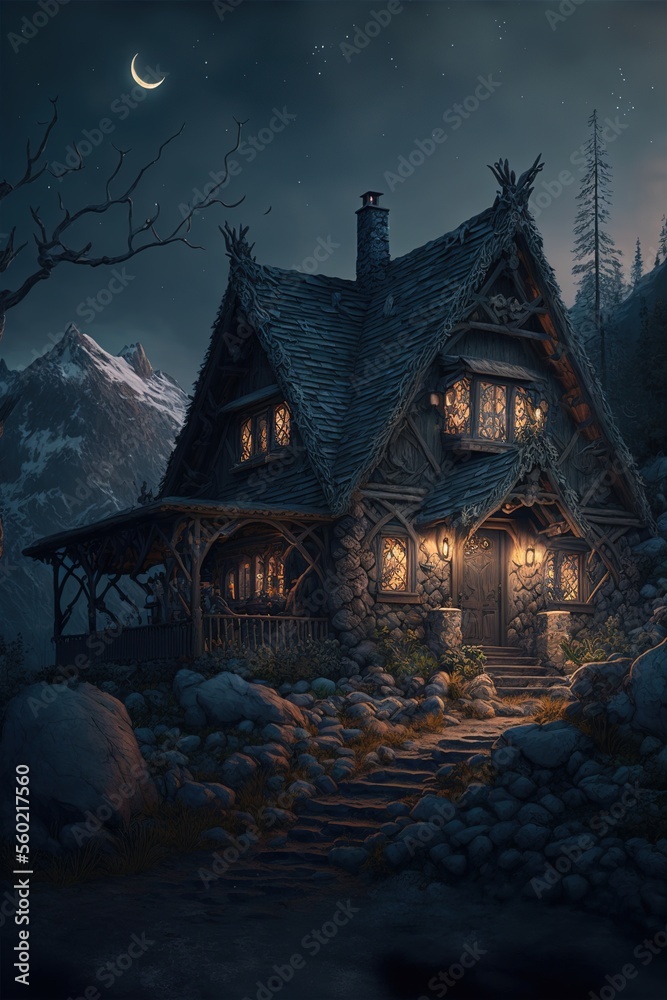 cabin house in the mountains at night cabin house in the mountains at night