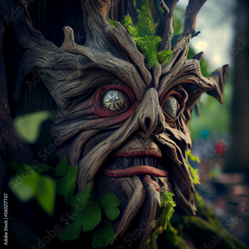 Young gnarled anthropomorphic tree with eyes, generative ai © TheGoldTiger