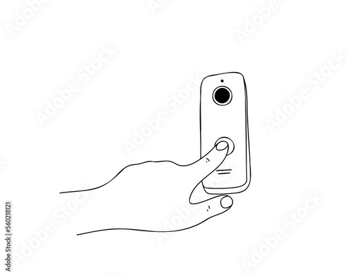 A hand presses the intercom, vector in doodle style.