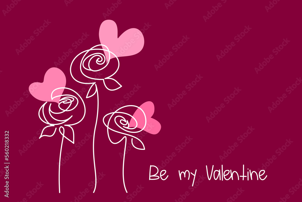 Valentines day card. Three Abstract Roses flowers with hearts Valentines day card. Three Abstract Roses flowers with hearts