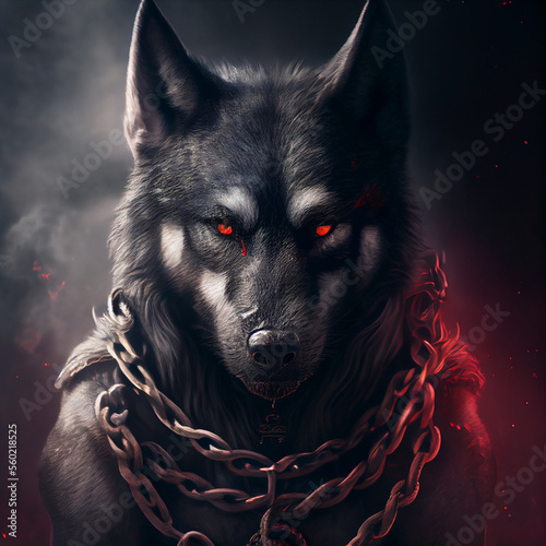 Black agressive fenrir with red glowing eyes, generative ai photo