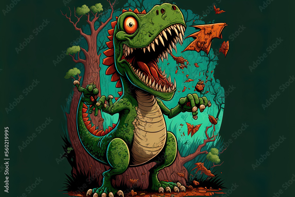 Fototapeta premium Illustration of a comic style dinosaur that is amusing. kids' t shirt design. Generative AI