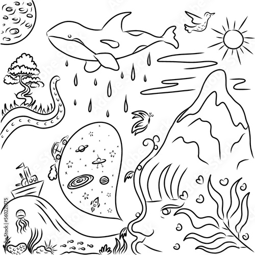 Vector drawing of tender multiverse Doodle for children, Funny drawing of the field to paint, galaxy, universe, wild animals, maritime, whale, ship Summer, nature, woman's profile