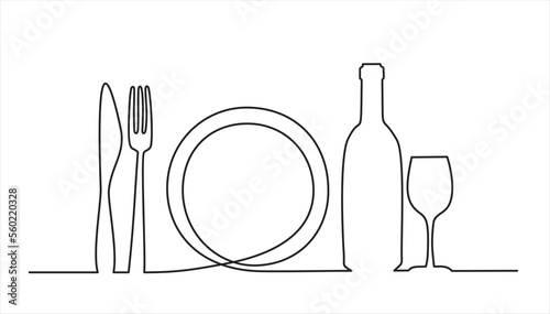 Continuous one single line drawing of plate, fork, knife, bottle of wine and glass. Menu food design. Vector illustration.