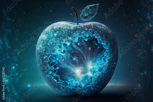 Highly detailed and imaginative image of an apple made out of various shades of blue ice floating in the cold vacuum of space