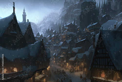 a medieval town with a lot of taverns, fairytale artwork, generative ai technology 