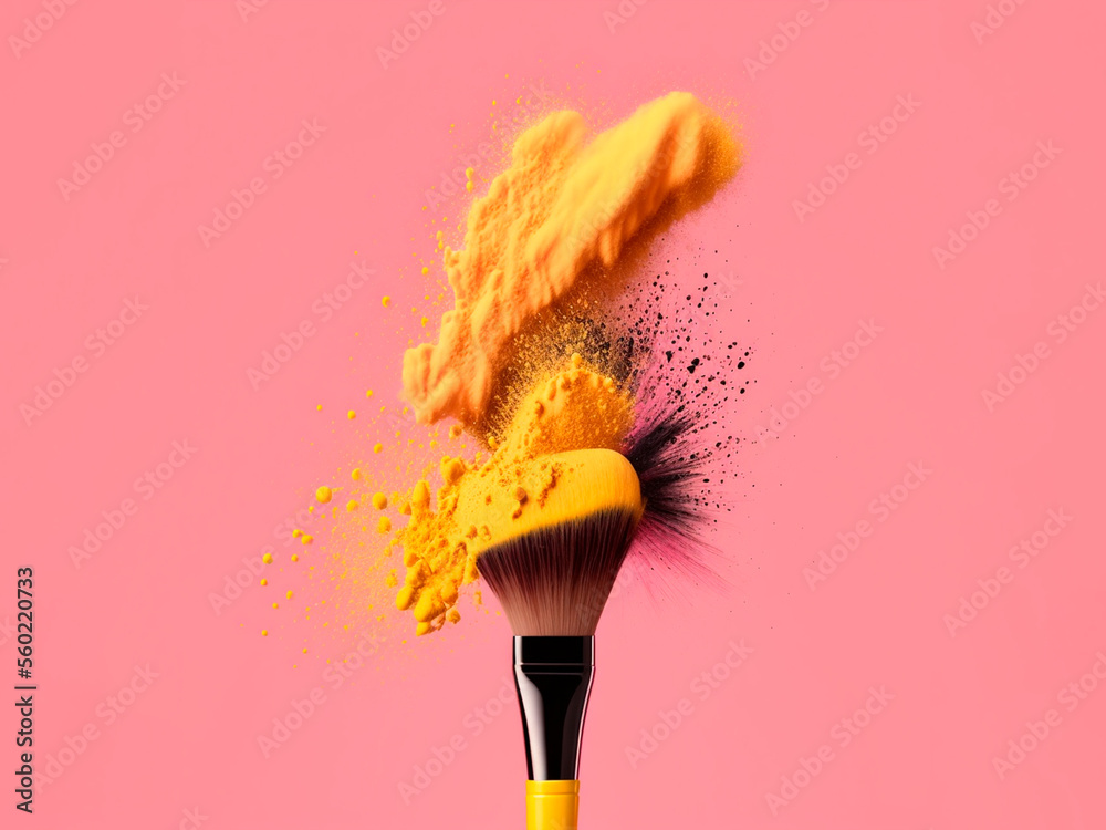 generated AI, vector brown and yellow makeup brush with explosion of yellow and black powder, creative woman makeup