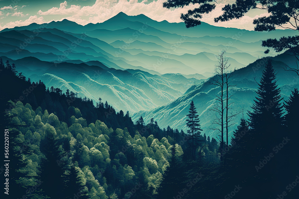 Beautiful image of the Great Smoky Mountains National Park's mountain range that is heavily wooded. Generative AI