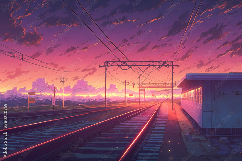 a train station at sunset, anime manga style, generative ai technology
