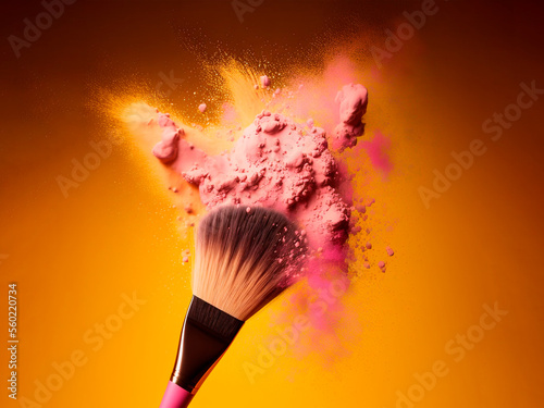 AI generated, vector makeup brush with yellow color powder explosion, woman makeup
